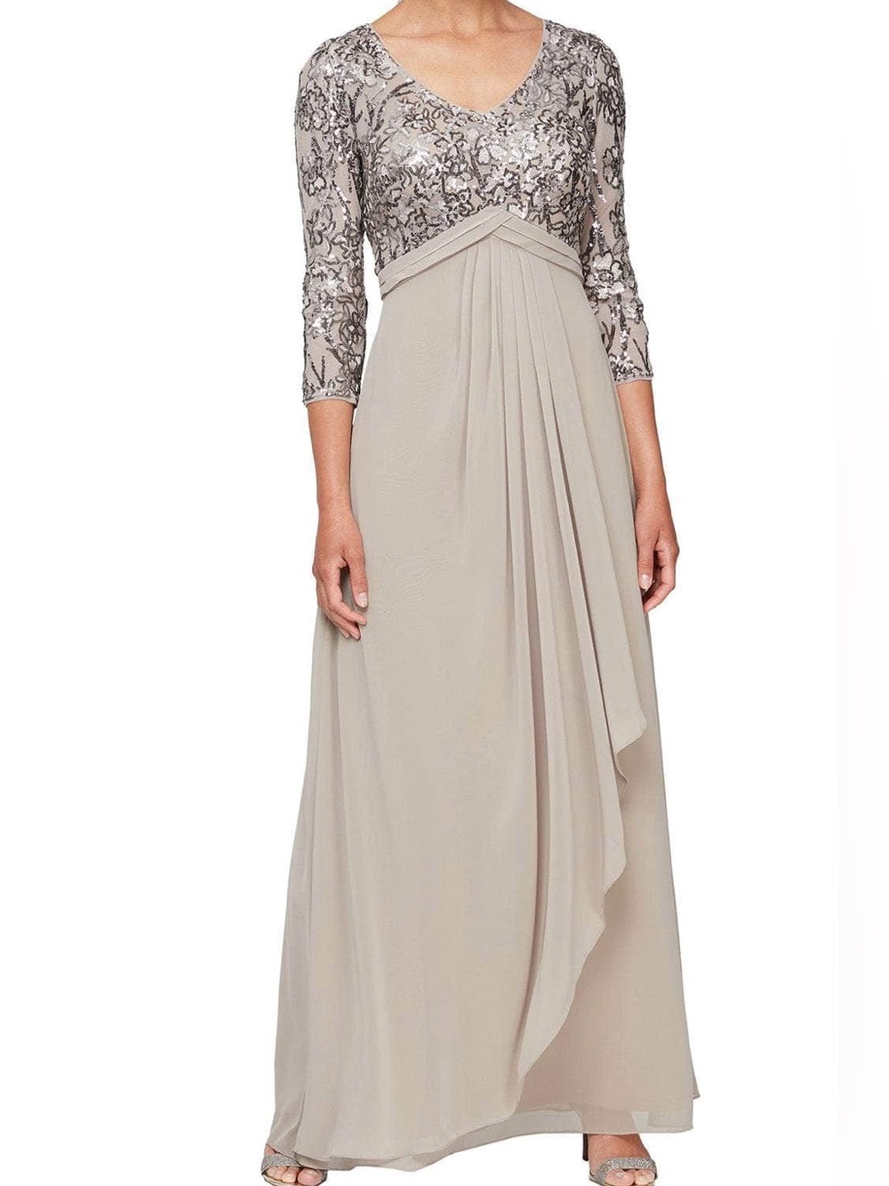 Alex Evenings Women 18 Mink Cascade Detail Empire-Waist Floral Sequin Gown NWT